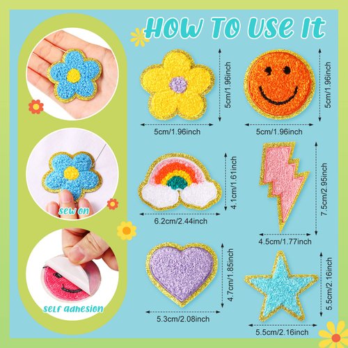 Yilloog 50 Pcs Self Adhesive Chenille Patches Paw Print Patches Smile Face Heart Patches Preppy Patches Chenille Rainbow Sew On Patches for Jackets Jeans(Colorful Style)