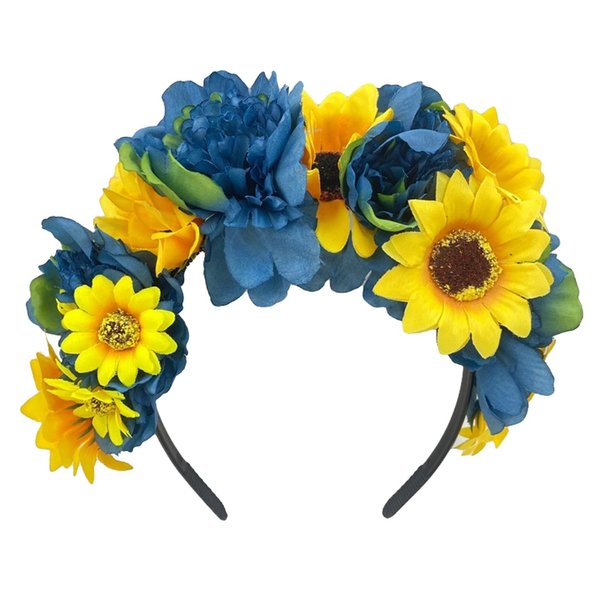 June Bloomy Frida Kahlo Mexican Flower Crown Headband Dia de los muertos Day of the dead Headpiece Party Costume (Blue Yellow Sunflower)
