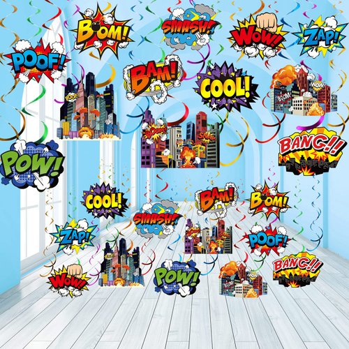 54 Pieces Hero Themed Party Decorations, Fun Hero Theme Party Sign Cutouts cirty theme Ceiling Hanging Swirls Streamers for Kids Adults Hero Birthday Celebrating Party Baby Shower Supplies