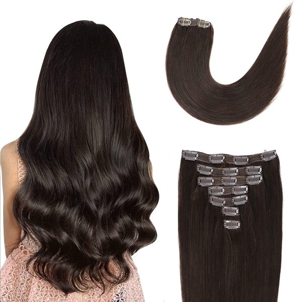 Clip in Hair Extensions Real Human Hair 16Inch 120g/set Straight Human Hair Clip in Extensions 7pcs Thick Remy Brazilian Human Hair Clip ins for Women Dark Brown Color