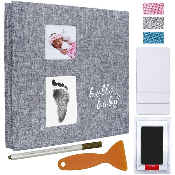 Vienrose Baby Photo Album Self Adhesive Memory Book 4x6 Magnetic Scrapbook Kit with Clean-Touch Ink Pad Handprint Footprint and A Metallic Pen for Boy/Girl 2 Windows 40 Pages Grey