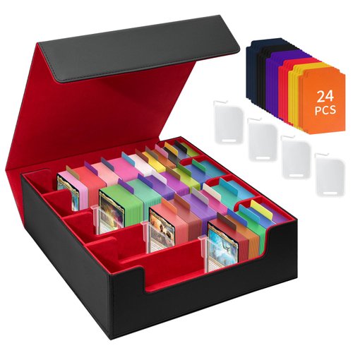 HESPLUS Card Deck Storage Box for Trading Cards 3000+MTG Deck Box with 24 Colorful Divider Tabs, Card Supporters PU Leather Trading Card Storage for Magic Game Cards TCG and Sport Cards (Black Red)