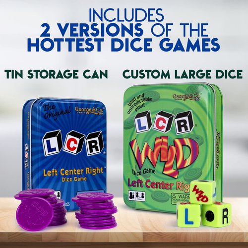 George & Company LLC LCR (Left Right Center) in Blue & LCR Wild Dice Game in Green Tin Gift Set Bundle - 2 Pack