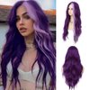 Dai Cloud Dark Purple Wavy Long Wigs for Women Natural Curly Middle Part with Light Purple Highlight Hair Heat Resistant Synthetic Wig for Halloween Cosplay Use