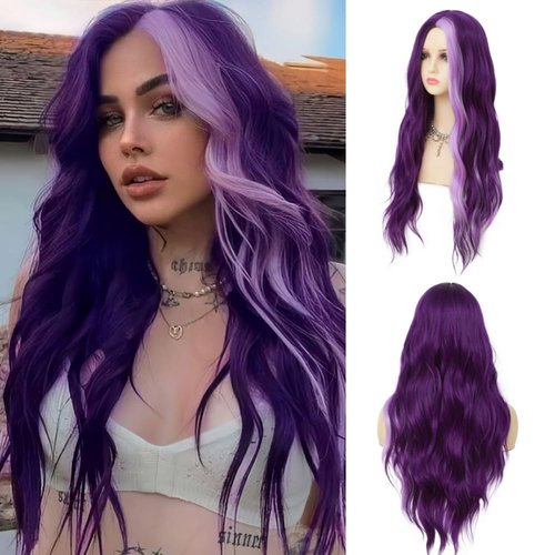 Dai Cloud Dark Purple Wavy Long Wigs for Women Natural Curly Middle Part with Light Purple Highlight Hair Heat Resistant Synthetic Wig for Halloween Cosplay Use
