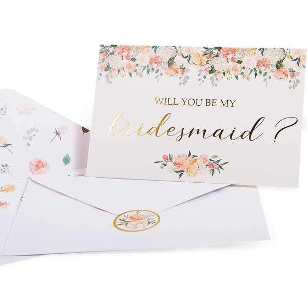 VNS Creations Bridesmaid Proposal Cards. Box set of 8 Will You Be My Bridesmaid and 2 Maid of Honor Cards. 4 x 6 Floral Cards with Gold Foil Ideal for Bridal Party or to go with Bridesmaid Gifts
