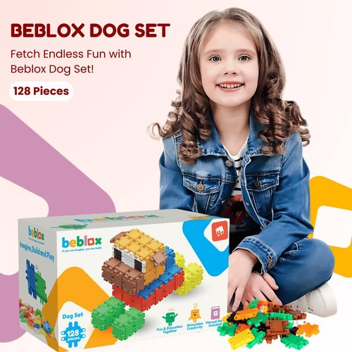 BEBLOX STEM Building Toys for Kids Dog Set - 128-Piece Connecting Tiles for Building Blocks, Educational Toys for Children, Preschool Learning Activities - Includes Manual Book