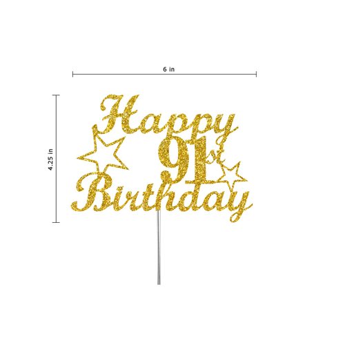 91 Birthday Cake Topper Gold Glitter, Party Decoration Ideas, Premium Quality, Sturdy Doubled Sided Glitter, Acrylic Stick. Made in USA (91st)
