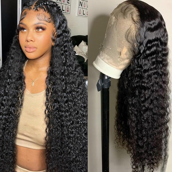 Tihufe 13x6 Deep Wave Lace Front Wigs Human Hair Pre Plucked Deep Curly HD Lace Frontal Wigs Human Hair 180% Density Wigs for Women Human Hair Natural Color (28 Inch)