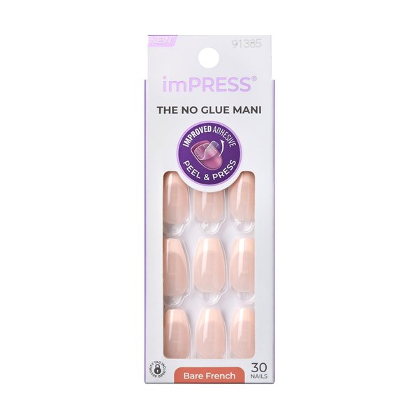 KISS imPRESS No Glue Mani Press-On Nails, French, Genuine', Light Neutral + White Tip French, Medium Size, Coffin Shape, Includes 30 Nails, Prep Pad, Instructions Sheet, 1 Manicure Stick, 1 Mini File
