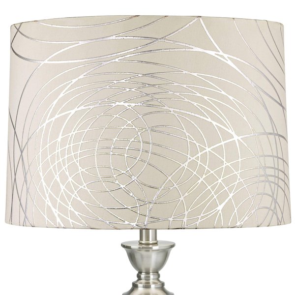 Off-White with Silver Circles Medium Drum Lamp Shade 15" Top x 16" Bottom x 11" High (Spider) Replacement with Harp and Finial - Springcrest