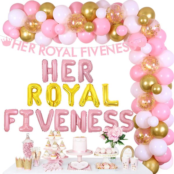JOYMEMO Her Royal Fiveness Birthday Decorations for Girls, Princess Balloon Garland Kit Pink Gold, Her Royal Fiveness Glitter Banner, Balloons, Princess 5th Birthday Party Supplies