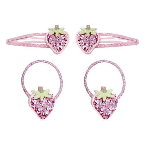 Strawberry Hair Accessories Pink Strawberry Hair Clips and Hair Ties for Baby Girls - 4Pcs Glitter Rhinestone Metal Snap Hair Clips Hair Barrettes Hair Bands for Girls Toddlers Kids Teens Gifts