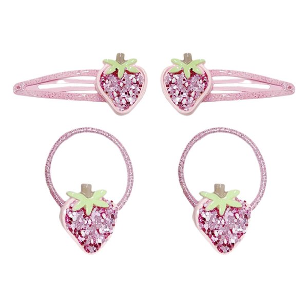 Strawberry Hair Accessories Pink Strawberry Hair Clips and Hair Ties for Baby Girls - 4Pcs Glitter Rhinestone Metal Snap Hair Clips Hair Barrettes Hair Bands for Girls Toddlers Kids Teens Gifts