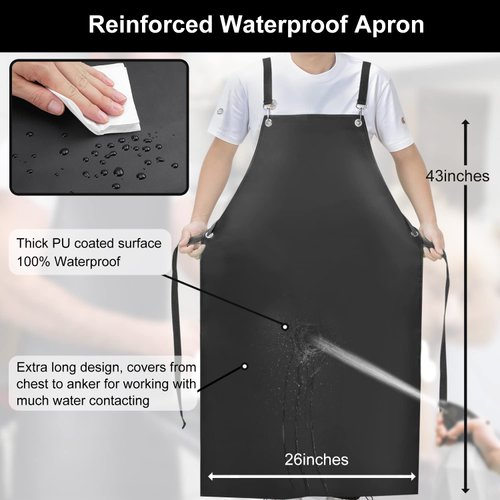 Sheomern Waterproof Rubber Apron, 43" Anti-Tear Heavy Duty Vinyl Apron Adjustable Thicker Cross Back Dishwasher Apron for Restaurant Dishwashing, Butcher, Lab Work, Dog Grooming Black