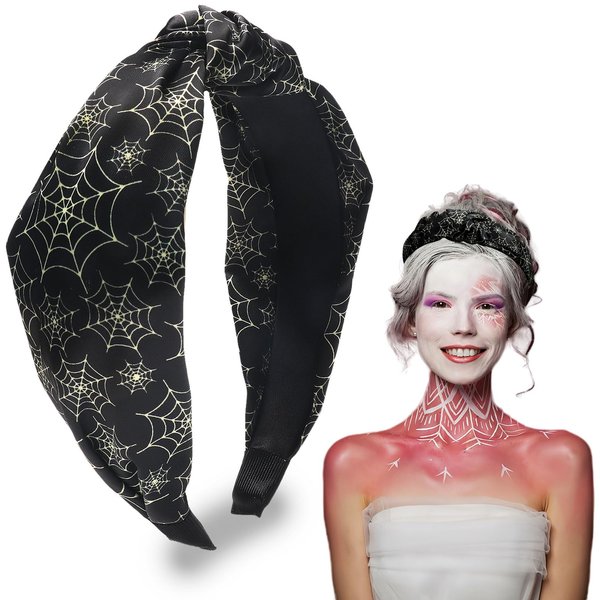HIFANMM Halloween Headband Shiny Spider Web Hair Accessories for Women Girls Black Funny Hair Band Non Slip Wide Knotted Head Band Halloween Costume Party Decoration Supplies