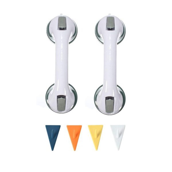 FChome （2 Pack）Shower Wall Suction Cup Grab Bars with 4 pcs Self-Adhesive Hooks, Bathroom Balance Bar-12 Inch Shower Handle Bar Offers Safe Grip with Strong Hold Suction Cup for Safety Grip Grab,Gray.