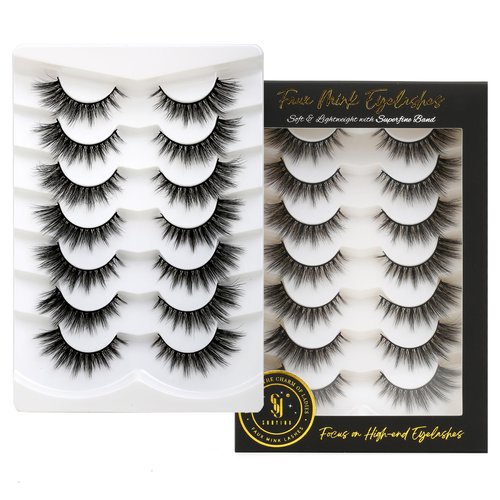 SY SHUYING False Eyelashes 15mm Faux Mink Lashes with Superfine Band Natural Look Fluffy Cat Eye Strip Lashes Soft Wispy Luxury Volume Fake Eyelash 7 Pairs Pack
