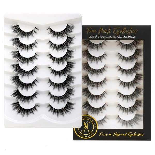 SY SHUYING False Eyelashes 15mm Faux Mink Lashes with Superfine Band Natural Look Fluffy Cat Eye Strip Lashes Soft Wispy Luxury Volume Fake Eyelash 7 Pairs Pack