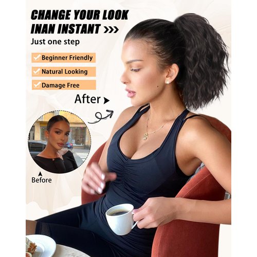 Stamped Glorious Ponytail Extension 12" Short Drawstring Ponytail Extensions for Women Curly Wavy Pony Tails Hair Extensions for Daily Party Use(Black Brown)
