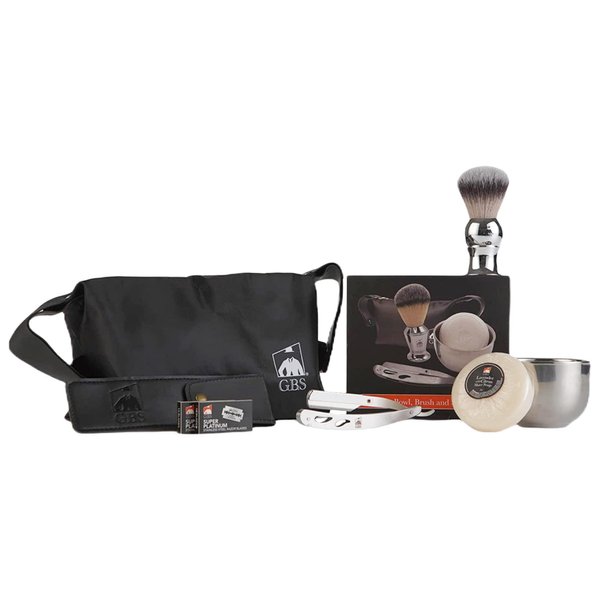 G.B.S Men's Professional Barber Wet Shaving Set- Interchangeable Shaving Razor + Bristle Brush + Bowl + Blades + Natural Shave Soap + Doppler Bag Christmas Gift Stocking Stuffers for Men