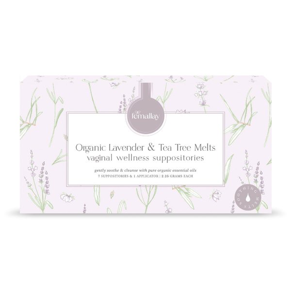 Femallay Organic Lavender and Tea Tree Oil Vaginal Cleansing Suppositories for Hygiene, 100% Natural Melts for Feminine Care, Great for Dryness and More, 7 Individually-Sealed Melts + 1 Applicator