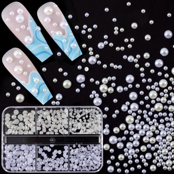 HINZIC 1Box Flatback Pearls Nail Charm 2/3/4mm Half Round Small Nail Beads White for Nail Art for Crafting Wedding Prom Face Makeup Phone Cases DIY Decoration Women Girls Bride