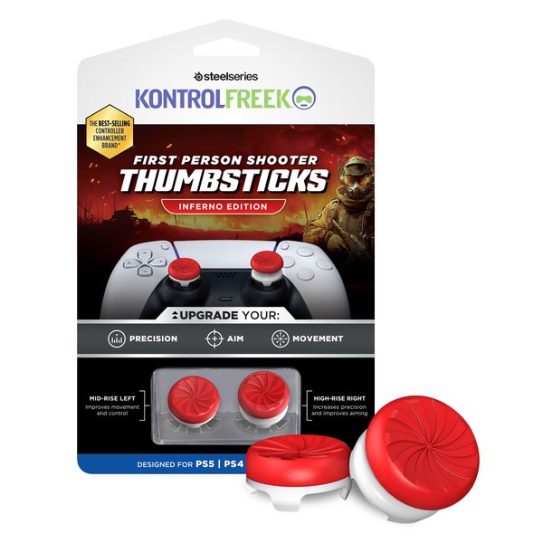 KontrolFreek FPS Freek Inferno for Playstation 4 (PS4) and Playstation 5 (PS5) Controller | Performance Thumbsticks | 1 High-Rise, 1 Mid-Rise | Red/White