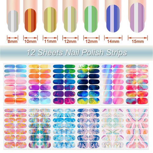 DANNEASY 12 Sheets Nail Wraps for Women Nail Polish Strips Color Blending Self Adhesive Nail Sticker Polish Fingernail Manicure Stickers with Nail File, Cuticle Stick (Rainbow Style)