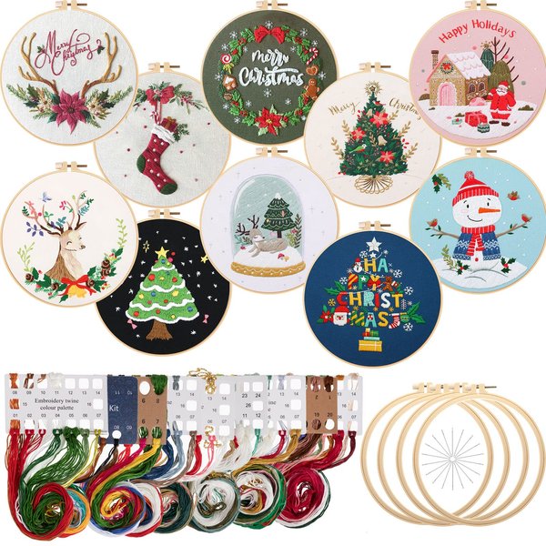 Canlierr 10 Sets Embroidery Kit with Patterns and Instructions DIY Adult Beginner Embroidery Kits for Beginners Adults Embroidery Supplies (Christmas Style)