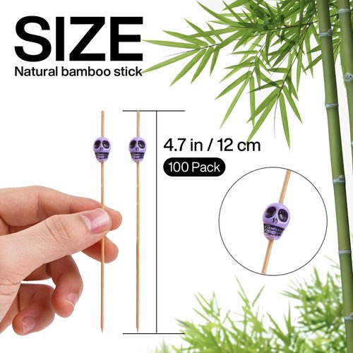 PuTwo Cocktail Picks Handmade Bamboo Toothpicks 100ct 4.7" in Multicolor Skulls