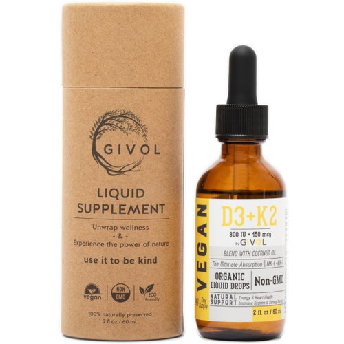 GIVOL Vitamin D3 K2 Organic drops (as Lichen) +K2 (as MK4 & MK7) in Coconut Oil. Organic, Plant-Based, Vegan, Gluten Free, Wheat Free, Soy Free*, Non-GMO