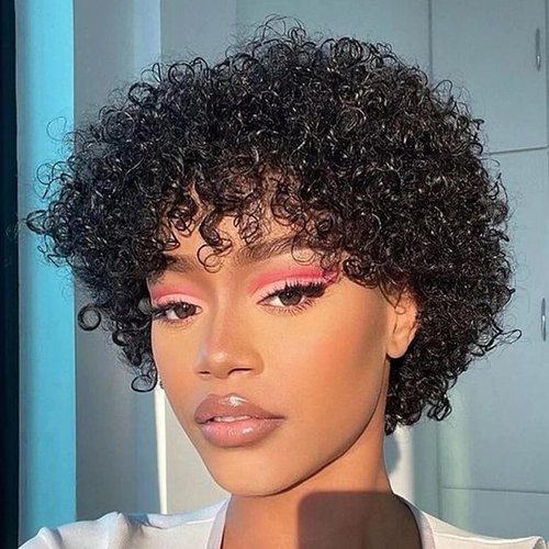 Pixie Cut Wigs for Black Women Short Human Hair Wigs with Bangs Afro Curly Wig Human Hair Short Layered Pixie Wigs Full Machine Made Wig Natural Black Color (Nature Black 171#)