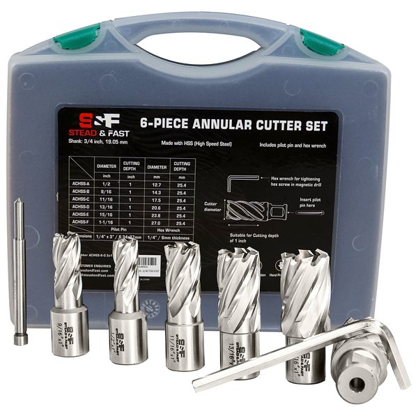 Annular Cutter Set 6 Pcs, Weldon Shank 3/4”, Cutting Depth 1”, Outside Diameter 1/2 to 1-1/16 Inch, Mag Drill Bits Kit for Magnetic Drill Press by S&F STEAD & FAST