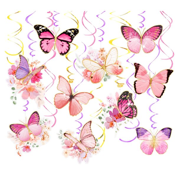 AOBKIAT Butterfly Baby Girl Birthday Decorations,30-Pieces Hanging Swirls Streamers Decorations with Real Glitter for Baby Shower,Wedding,Room Wall Decor,Spring Summer Garden Party