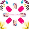 Pink Press on Nails Short Square Fake Nails with Floral designs Summer False Nails Glossy Full Cover Acrylic Nails Reusable Glue on Nails for Women Gel Stick on Nails 24pcs
