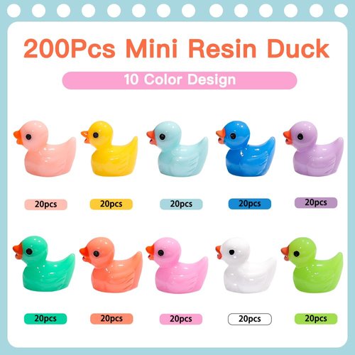 DULEFUN 200pcs Tiny Ducks 10 Colors Little Duck Figures Mini Resin Ducks Plastic Small Miniature Ducks Bulk for Dollhouse Decor Micro Fairy Garden Landscape Aquarium Tiny Toys