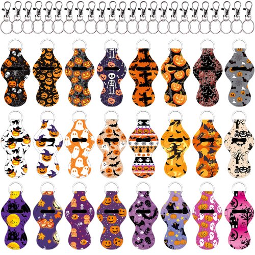 Duufin 24 Pieces Chapstick Holder Halloween Keychain Holder Lipstick Key Ring Holder Chapstick Keychain Holder with 24 Pieces Metal Clip Cords for Chapstick Tracker and Safeguard, 24 Halloween Style