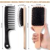 Premium Boar Bristle Hair Brush - Wide Comb Detangling Styling Smoothing Drying Wet Dry Thick Fine Thin Sleek Curly Long Slick Back Frizz Hair, Men Women, Wooden Soft Pin Bristles Paddle Hairbrush Set