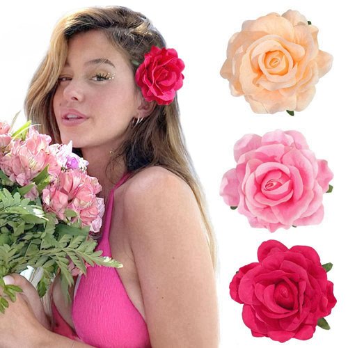 3Pcs Rose Hair Clip Flower Hairpin for Woman Girl, Hawaiian Fabric Rose Brooch Floral Clips Headpieces for Wedding Summer Beach Party