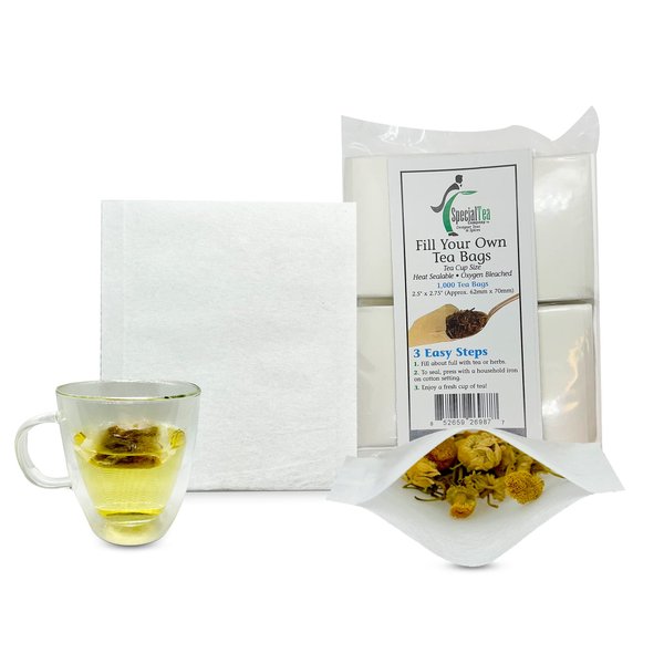 1000 Empty Tea Bags 2.5” x 2.75” White Compostable, These Heat Sealable Tea Infuser for Loose Tea Herbs are Organic Disposable Tea Strainer Bags made of Wood (pulp) Fibers