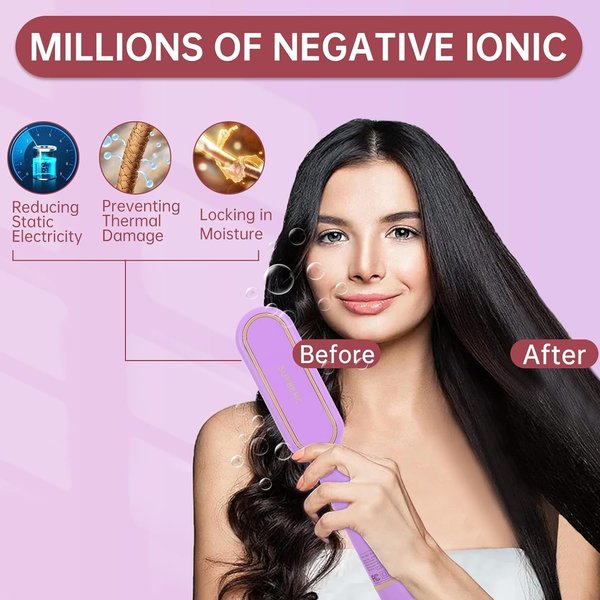 Negative Ionic Hair Straightener Brush with 9 Temp Settings, 30s Fast Heating, Hair Straightening Comb with LED Display, Anti-Scald & Auto-Shut Off Hair Straightening Iron (Purple)
