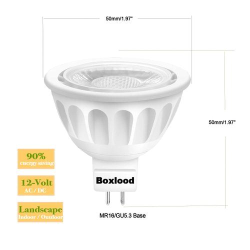Boxlood MR16 LED Light Bulb Non Dimmable, 90% Energy Saving, 6000K Cool White (Daylight), 40 Degree, AC/DC 12V, 5 Watts, 50W Halogen Bulb Equivalent, GU5.3 Base, 6Pack