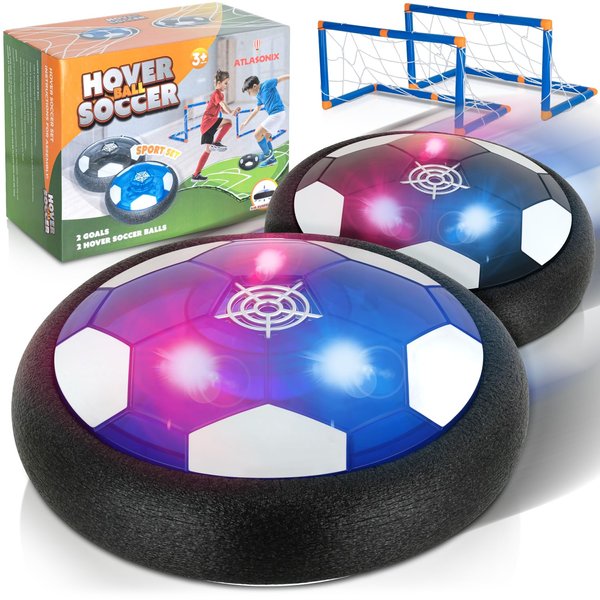 Atlasonix Hover Soccer 2 Balls with 2 Goals Indoor 4 in 1 Pack Floating Gliding Disk Toys for Ages 5-7 6-12 8-13 Boys Girls Games Birthday Drone Gifts Soccerball Fun Active Game