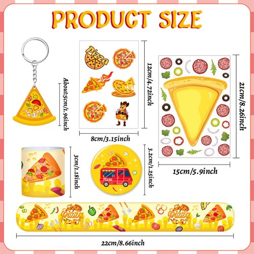 Lcnjscgo 60 Pcs Pizza Party Favors Set Temporary Tattoos, Slap Bracelets, Keychains, Badges and Stickers for Pizza Themed Birthday Parties