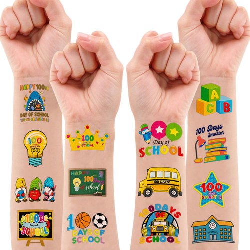 96 PCS Happy 100 Days of School Temporary Tattoos Theme Birthday Party Favors Supplies Decorations Decor Colorful Smarter 100th Day Tattoo Stickers Gifts For Students Teachers Kids Boys Girls Prizes