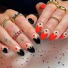 Press on Nails Medium Oval Black Red Love Heart 3D Pearl False Nails with Design Valentine's Day Almond Nails Artificial Acrylic Nails Full Cover Glossy Coffin Fake Nails Glue on Nails for Women