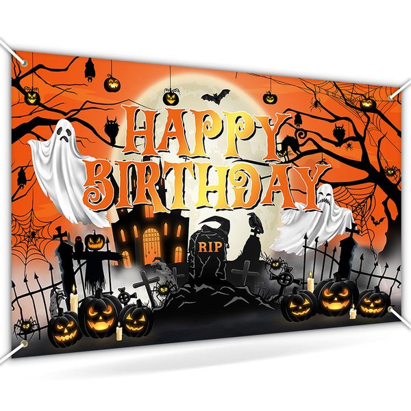 Avezano Halloween Birthday Banner Halloween Birthday Backdrop Kid Halloween Birthday Decorations Horror Moon Night Halloween Booday Backdrop 70.8x43.3 inch, Orange