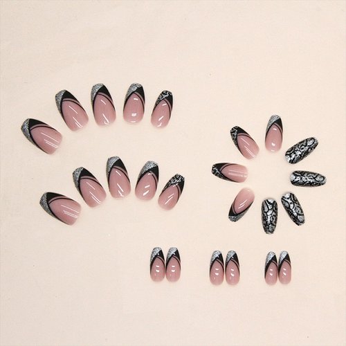 Black French Tip Press on Nails Medium Coffin Fake Nails Silver Glitter False Nails with Design Leopard Glue on Nails Short Acrylic Nails Stick on Nails for Women Manicure 24Pcs