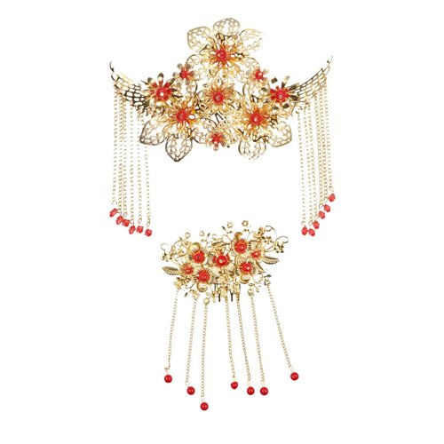 GUEDKIKL 2 Pcs Chinese Hair Comb Set with Long Tassel, Golden Traditional Classical Crystal Pearl Hair Sticks, Ancient Style Hair Accessories for Wedding